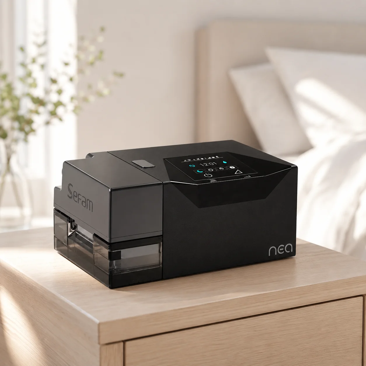SEFAM Néa Auto CPAP seade niisutussüsteemiga öökapil